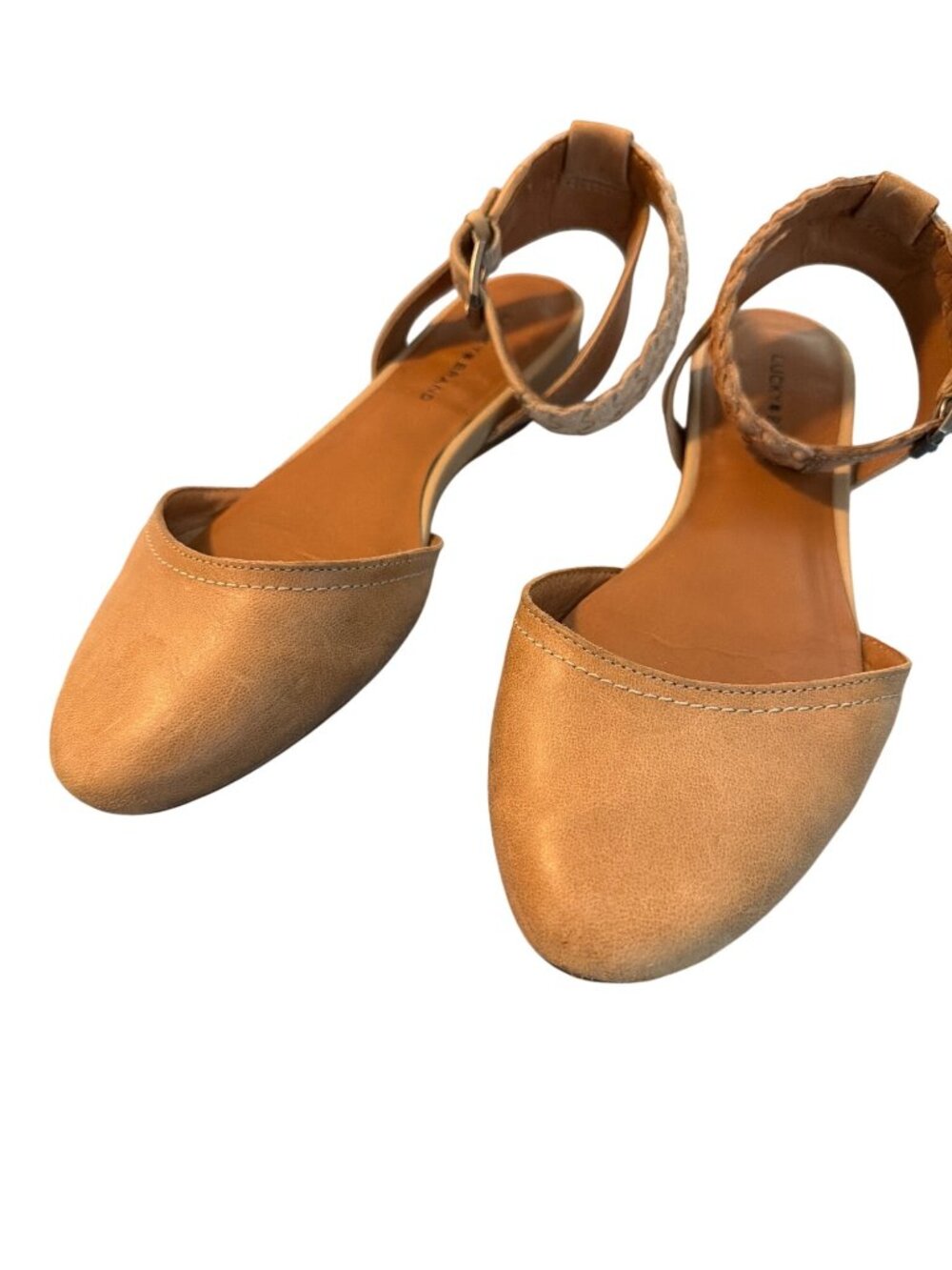 Lucky Brand Causia Sandals Brown Tan Leather Ankle Strap Braided Buckle Size 7.5